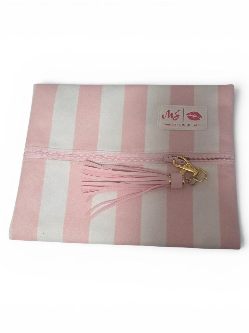 Makeup Junkie Bags Pink & White Stripe Cosmetic Pouch with Tassel
